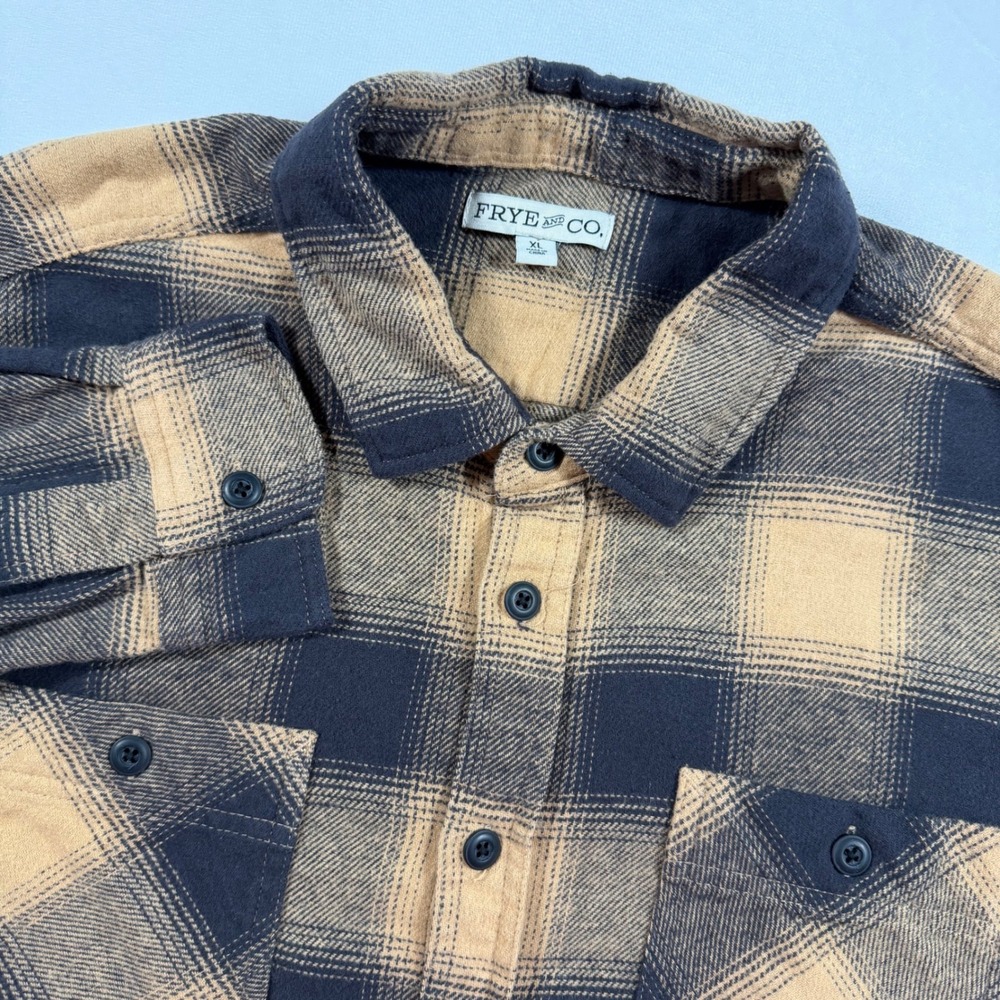Frye and Co. Size XL Mens Flannel Shirt Button Up Long Sleeve Plaid Tan Black